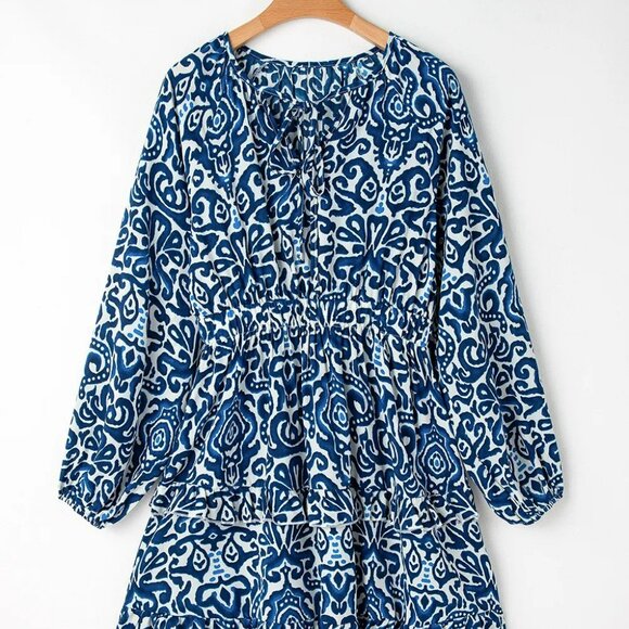 Printed Tie Neck Long Sleeve Dress - Picture 3 of 3
